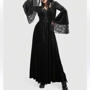 Romwe womens S velvet hooded lace maxi dress medieval goth vamp whimsigoth